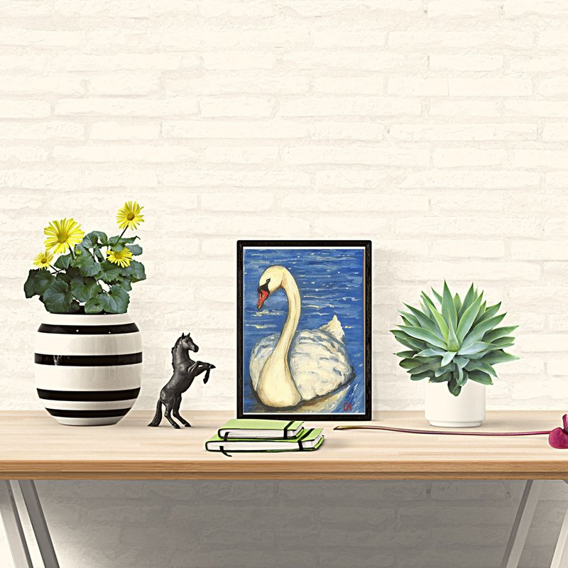 Original Painting White Swan Oil Painting Bird Small Art  繪畫/ 手繪油畫/ 原畫/ 油畫/ 天鵝 - Posters - Eco-Friendly Materials Multicolor