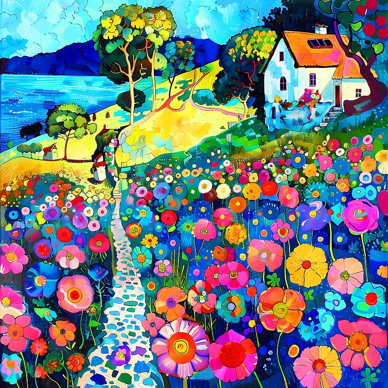 Cozy house near a river lake. Bright colorful impressionistic floral landscape - 牆貼/牆身裝飾 - 其他材質 多色