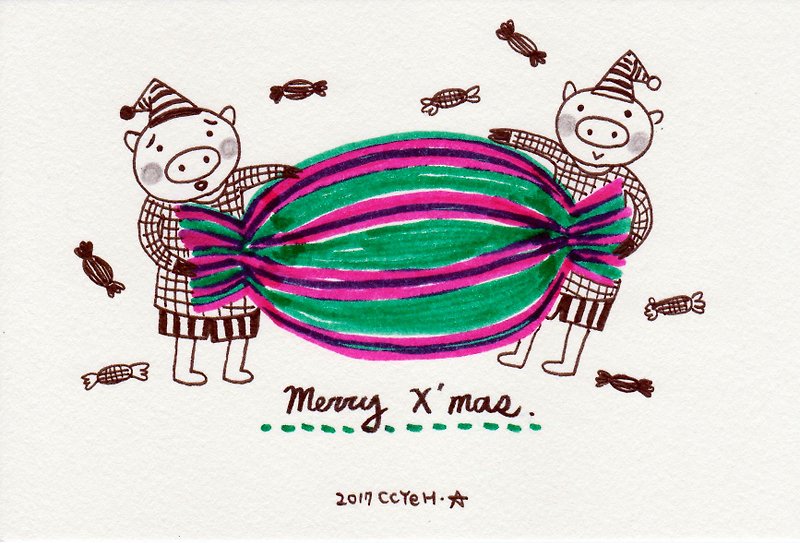 [Christmas pig pig treasure - hand-painted greeting blessing postcard] sweet gift - การ์ด/โปสการ์ด - กระดาษ 