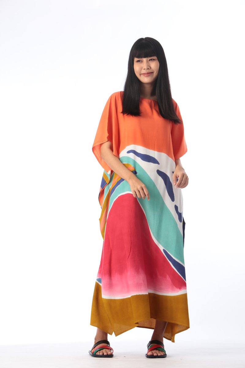 Hand Painted Cotton Silk Kaftan for Summer Resort Vacation Free Size - ชุดเดรส - ผ้าฝ้าย/ผ้าลินิน สีส้ม