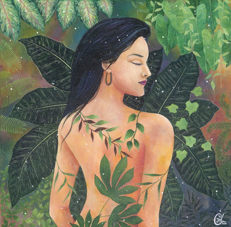 Woman Forest Painting Art Acrylic Original -Light Into Me  8 - 60x60cm Canvas - Customized Portraits - Cotton & Hemp Yellow