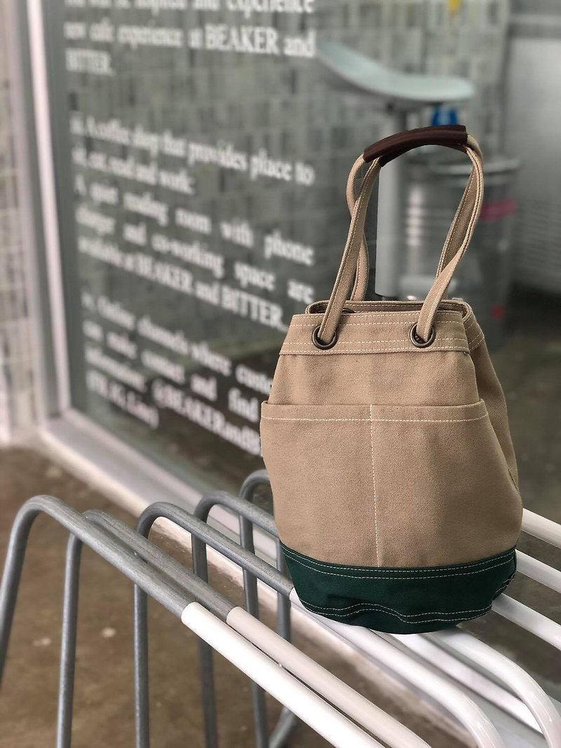 Mini Khaki/green Canvas Bucket Bag with strap /Leather Handles /Daily use - กระเป๋าถือ - ผ้าฝ้าย/ผ้าลินิน สีกากี