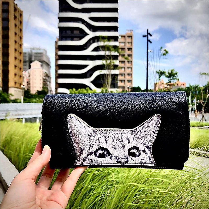 Cat Loves to Play Hide and Seek Tri-fold Wallet/Shoulder Bag Black - Ai Shirley - กระเป๋าสตางค์ - หนังเทียม สีดำ