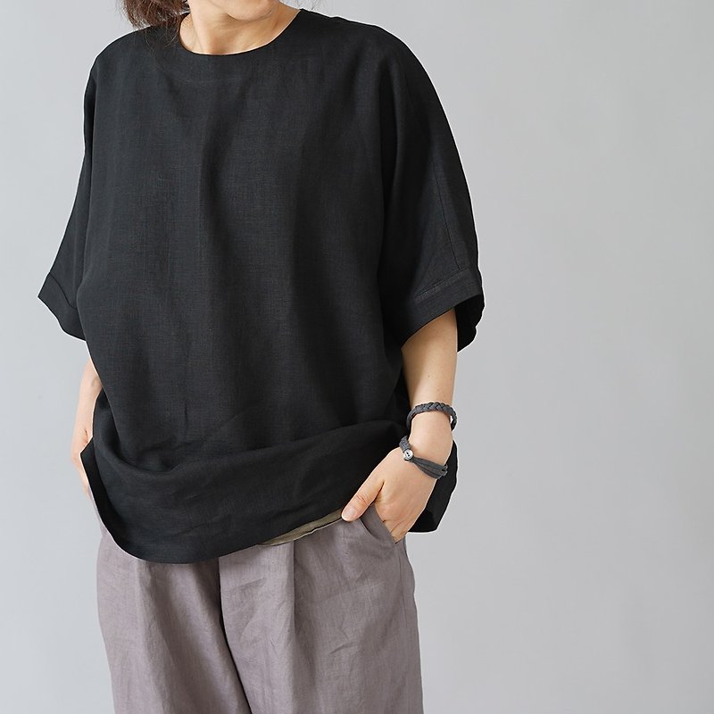 wafu - 亞麻T恤 Slightly light weight 100%  Linen Wide-Sleeve Top / Black t016c-bck1 - 女裝 上衣 - 亞麻 黑色