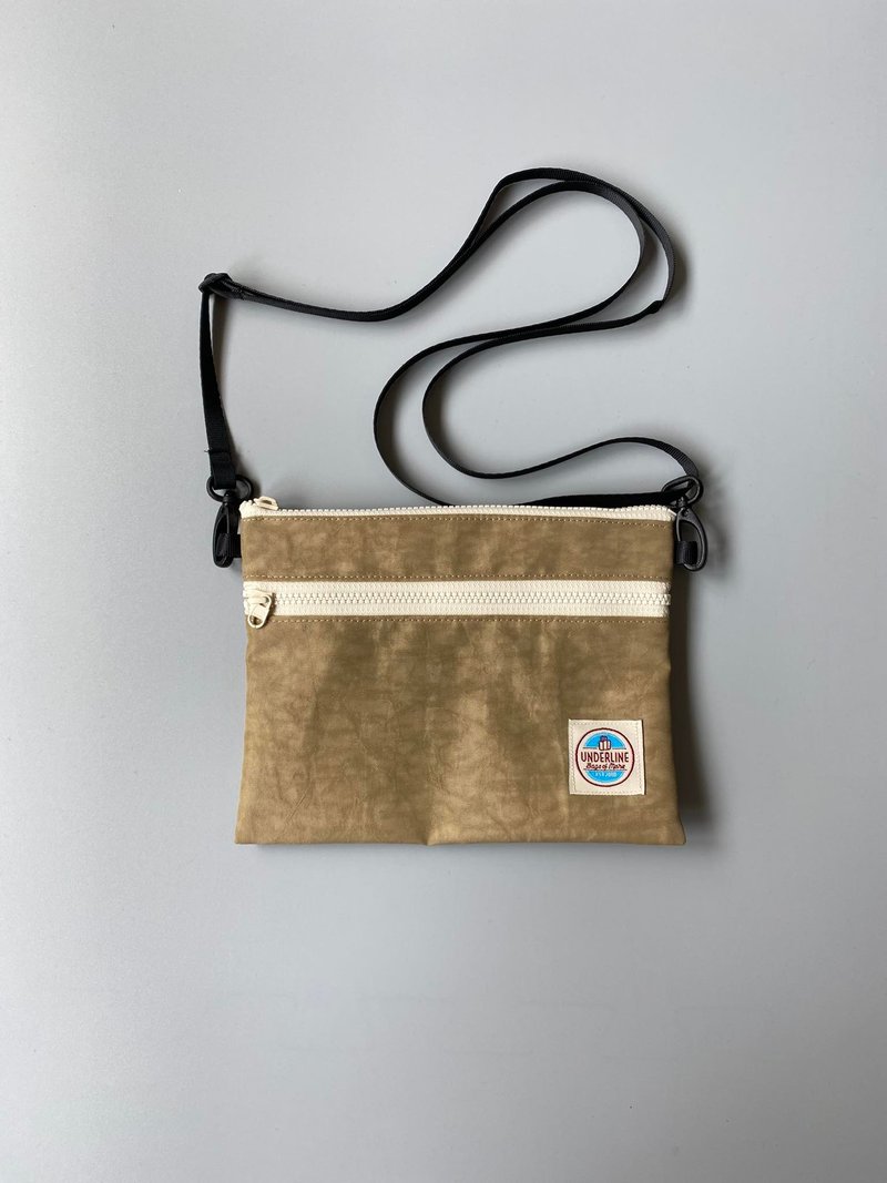 Beige nylon 2 zipper bag with strap/ card Holder / phone Bag / pouch - กระเป๋าแมสเซนเจอร์ - ไนลอน สีกากี