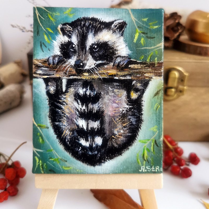 Raccoon original painting 9x7 cm with easel, Cute raccoon, Animals forest decor