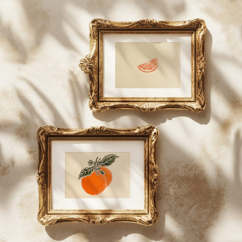 Mini gallery wall set of 2 Vintage oranges fruits slice linocut print Kitchen - 壁貼/牆壁裝飾 - 紙 綠色