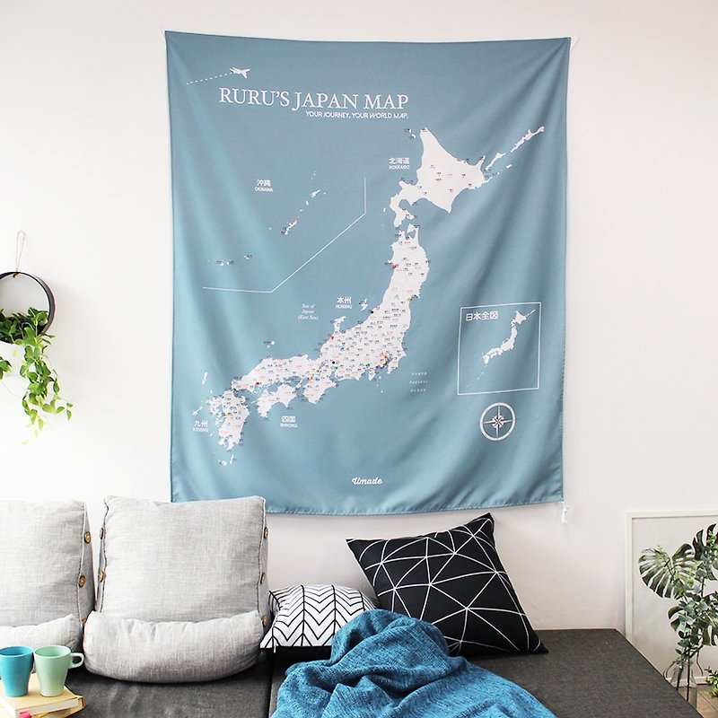 Personalized Japan Map, Pin Map Travel Map-Bluish Gray-Wall Decor (Fabric) - โปสเตอร์ - เส้นใยสังเคราะห์ สีน้ำเงิน