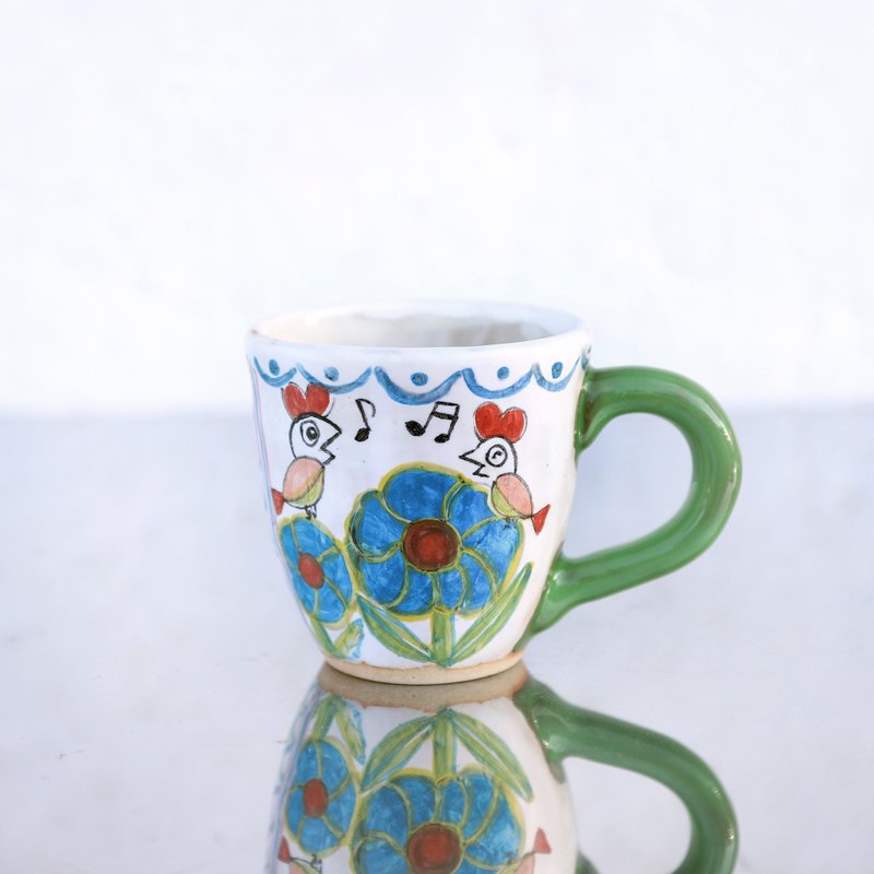 Singing Heart Bird and Flower lover Mug with Green Handle - แก้วมัค/แก้วกาแฟ - ดินเผา สีเขียว