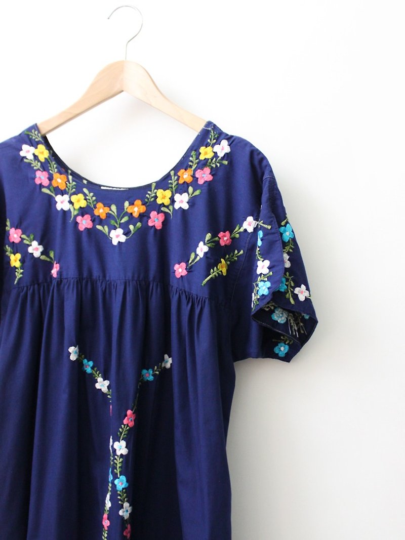 【RE0602MD055】 early summer dark blue flowers hand embroidery American Mexican embroidery ancient dress mexican dress - One Piece Dresses - Cotton & Hemp Blue