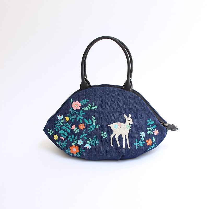バンビ刺繍・アーモンドバッグ - 手提包/手提袋 - 棉．麻 藍色
