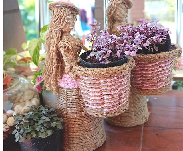 hand made planter girl doll ,woven plant pot with hemp rope or