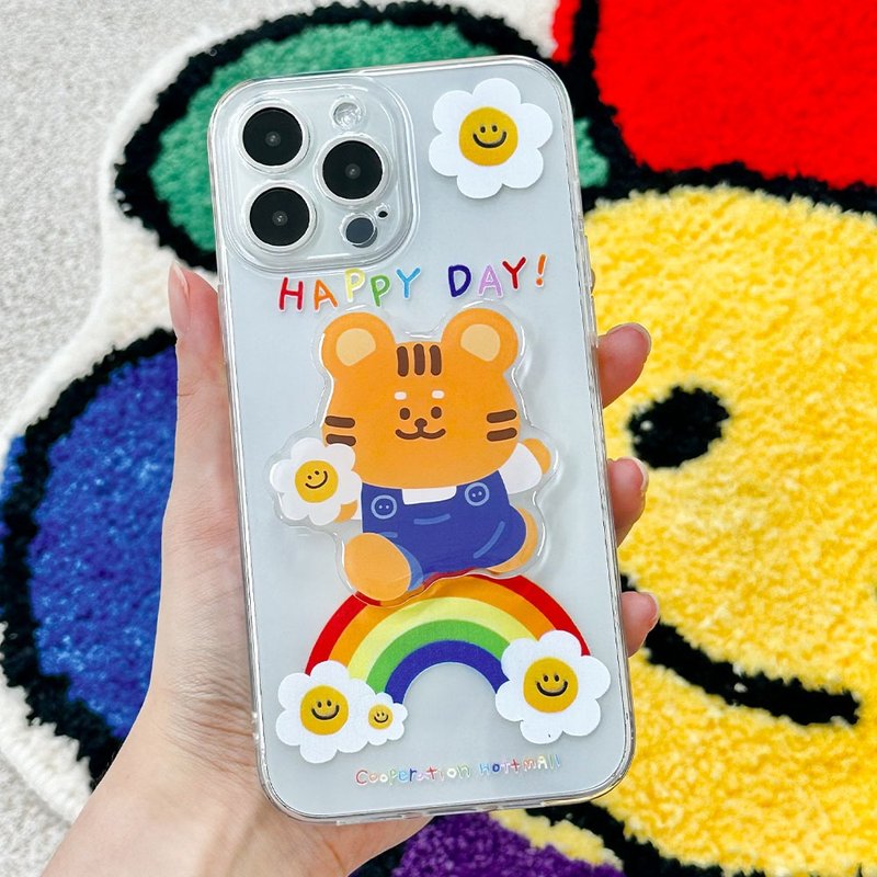 Happy day tiger iPhone16/15/14/13/12/11 protection case acrylic smart tok set - เคส/ซองมือถือ - พลาสติก หลากหลายสี