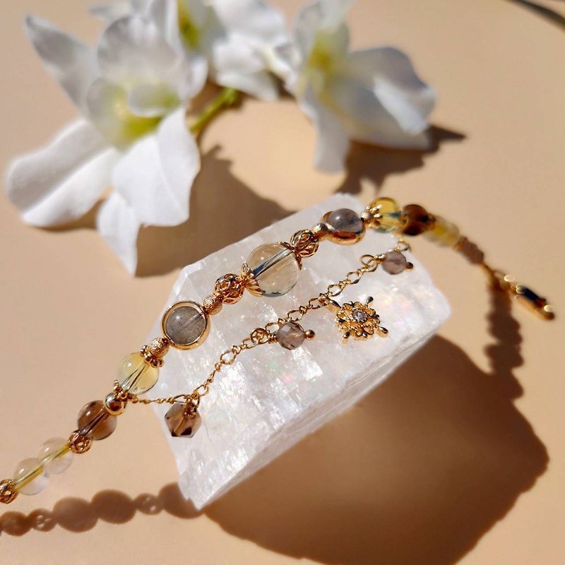 Dongli Fu. Huangfa Quartz Citrine Labradorite 14K Gold Filled Crystal Ore Design Bracelet - Bracelets - Crystal Brown