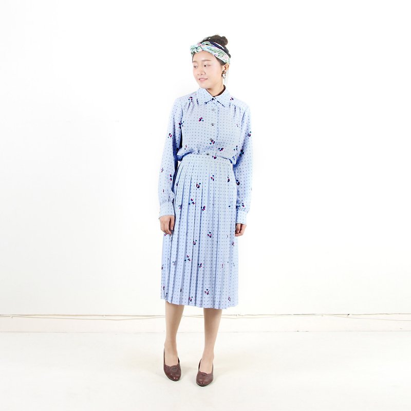 [Egg Plant Vintage]Steam Bubble Two-piece Vintage Dress Set - ชุดเดรส - เส้นใยสังเคราะห์ สีน้ำเงิน