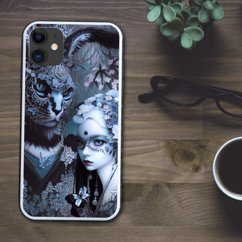 Dark gothic lion man, beautiful witch and flower lover smartphone case [tempered glass finish] compatible with iPhone 16 - เคส/ซองมือถือ - พลาสติก หลากหลายสี