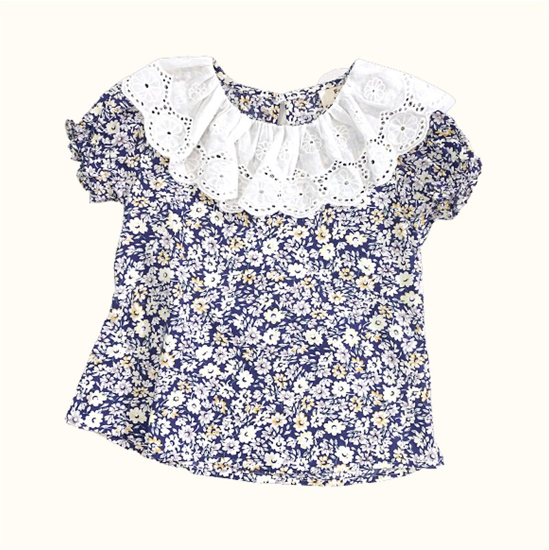 [24hr shipment] French afternoon tea style embroidered edge short-sleeved top girls top - เสื้อยืด - ผ้าฝ้าย/ผ้าลินิน สีน้ำเงิน