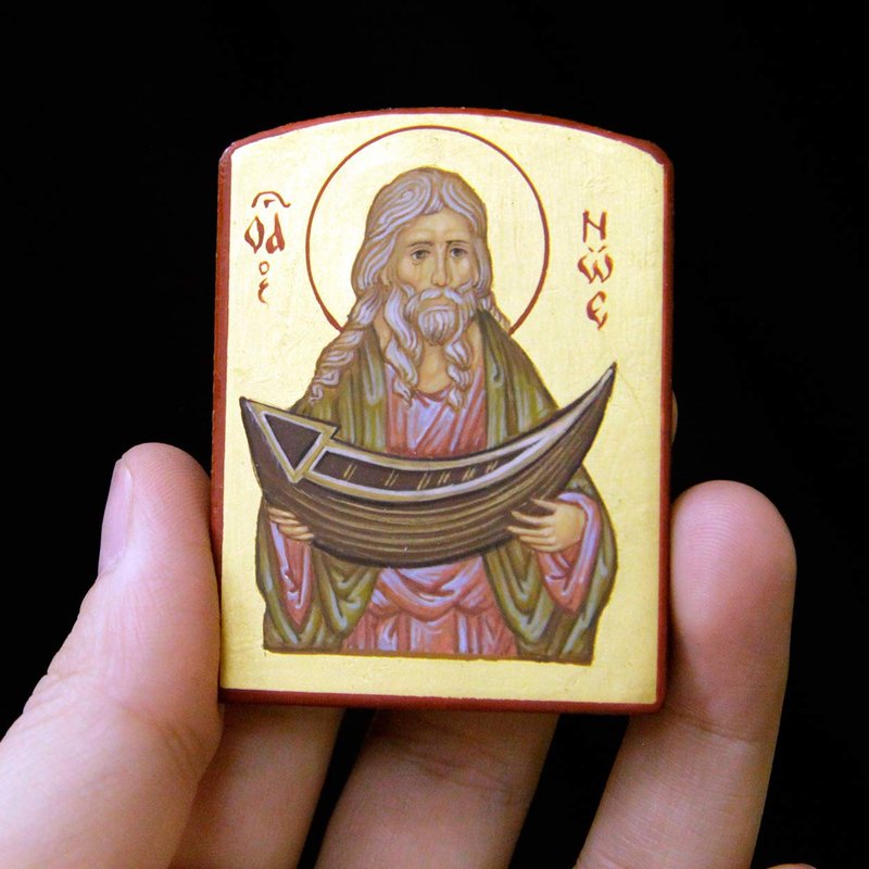 hand painted orthodox wood icon of Saint holy Prophet Noah pocket size miniature - 其他 - 木頭 綠色