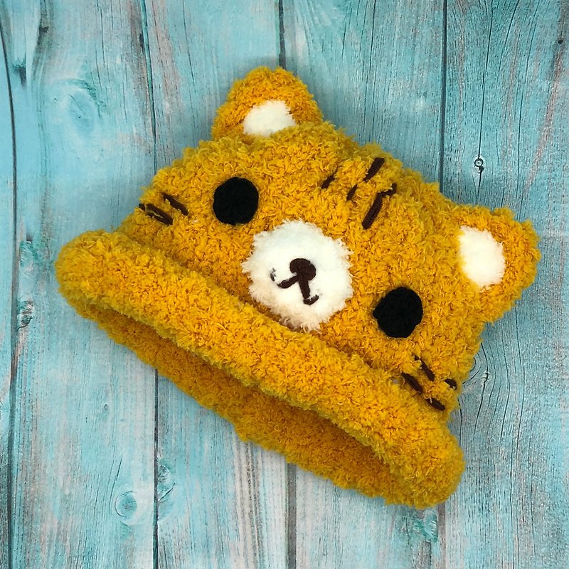 Orange Cat-Knitted Baby Woolen Hat with New Year's Eve (Adults and Children) - หมวกเด็ก - เส้นใยสังเคราะห์ สีกากี