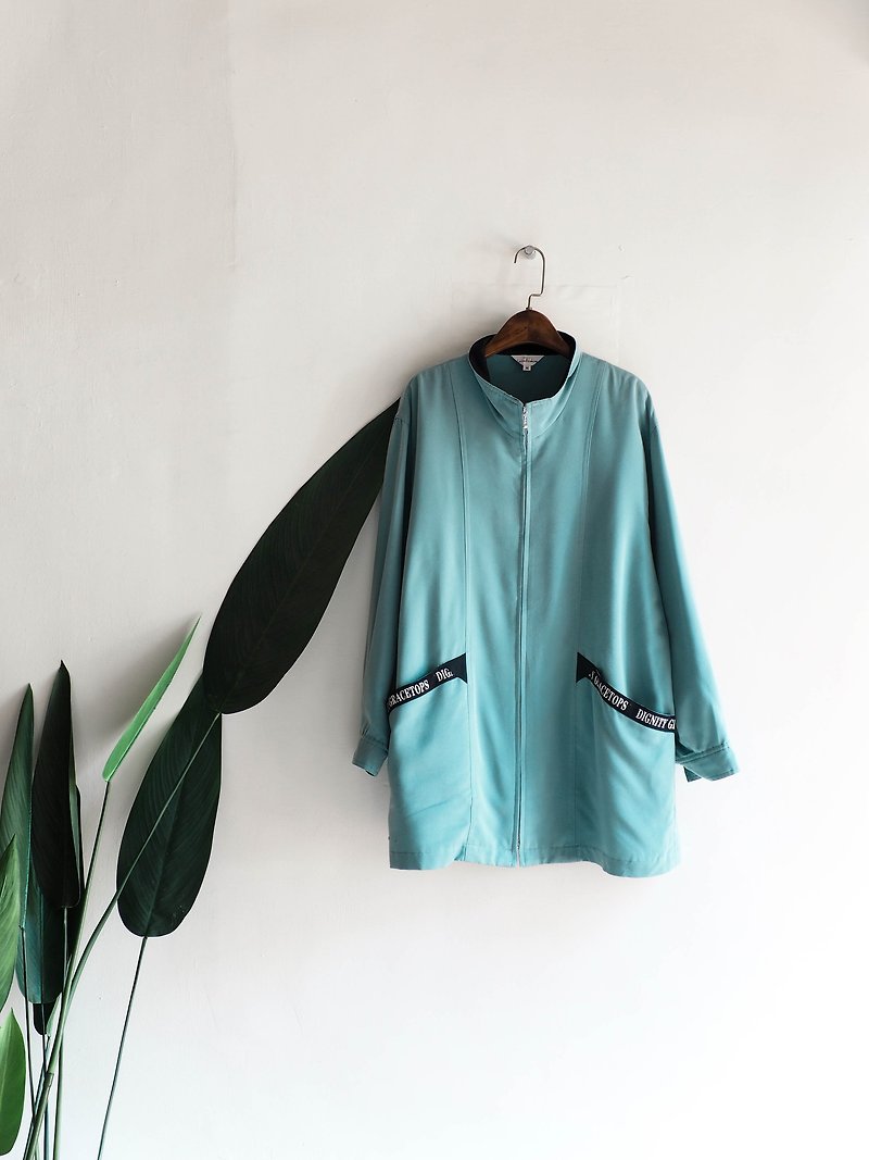 徳岛湖水灰绿小立领青年派的古董棉丹宁 shirt jacket coat oversize - เสื้อแจ็คเก็ต - ผ้าฝ้าย/ผ้าลินิน สีเขียว