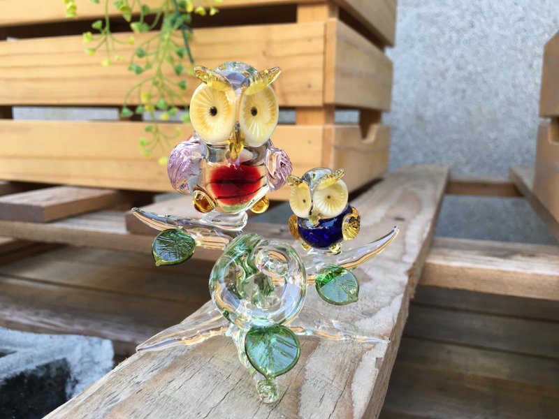 Crystal glass handmade mother-child parent-child owl - Items for Display - Glass 