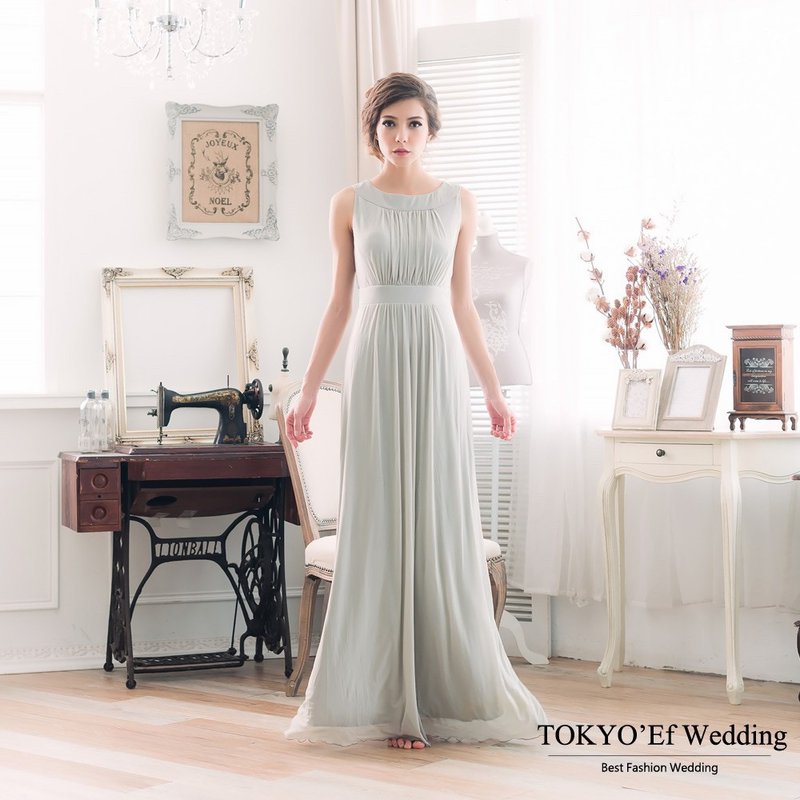 Tokyo Clothes Princess Tina Classic Round Neck Elegant Pleated High Waist Long Gown with Gemstone Belt - Evening Dresses & Gowns - Silk Silver