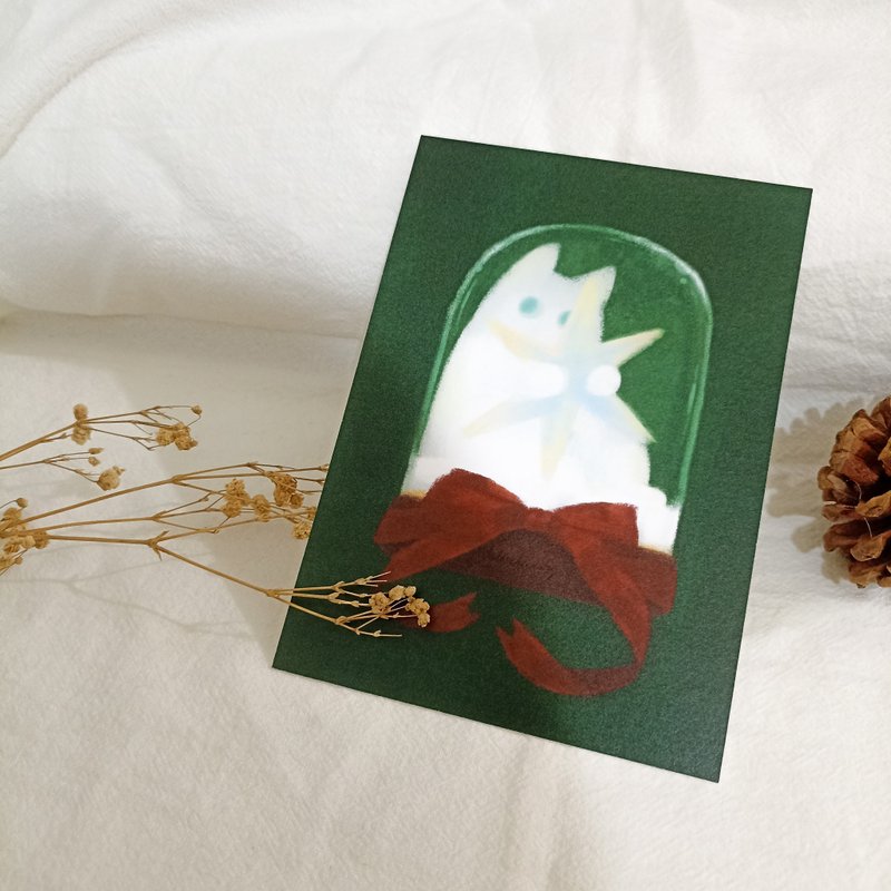 Christmas Card Postcard - Cat in a Glass Dome - การ์ด/โปสการ์ด - กระดาษ สีเขียว