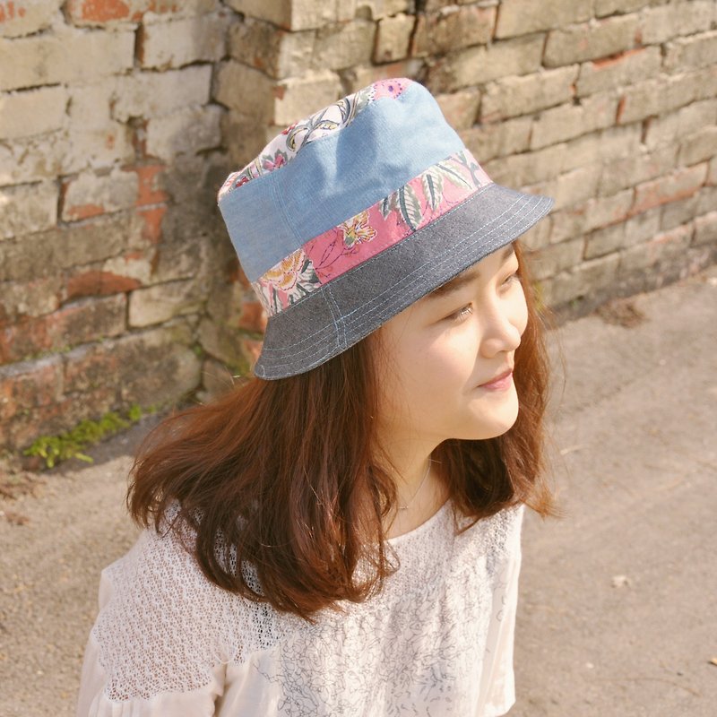Hat - pink flower with cowboy subsection (splicing, Boximiya, Japanese, outdoors) - Hats & Caps - Cotton & Hemp Blue
