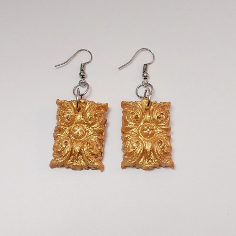 Rectangle Gold Color Earring Handmade Air Dry Clay Eco Friendly Stainless Hook - 耳環/耳夾/耳骨夾 - 黏土 金色