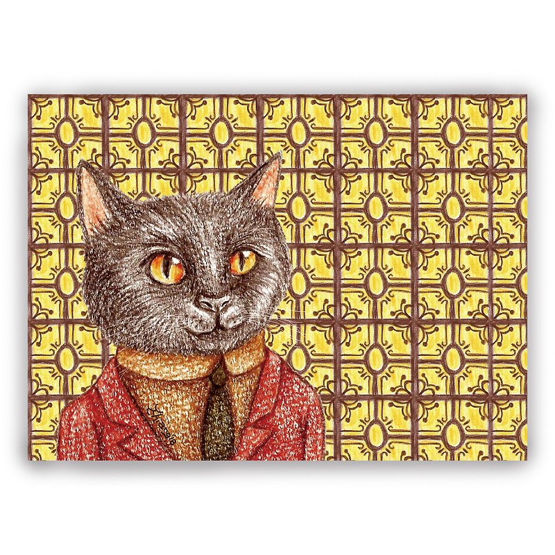 Hand-painted illustration universal card/postcard/card/illustration card--retro tile 01+black cat in red suit - Cards & Postcards - Paper 