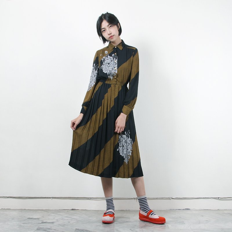 [Egg plant ancient] to color color printing pleated long-sleeved ancient dress - One Piece Dresses - Polyester Brown