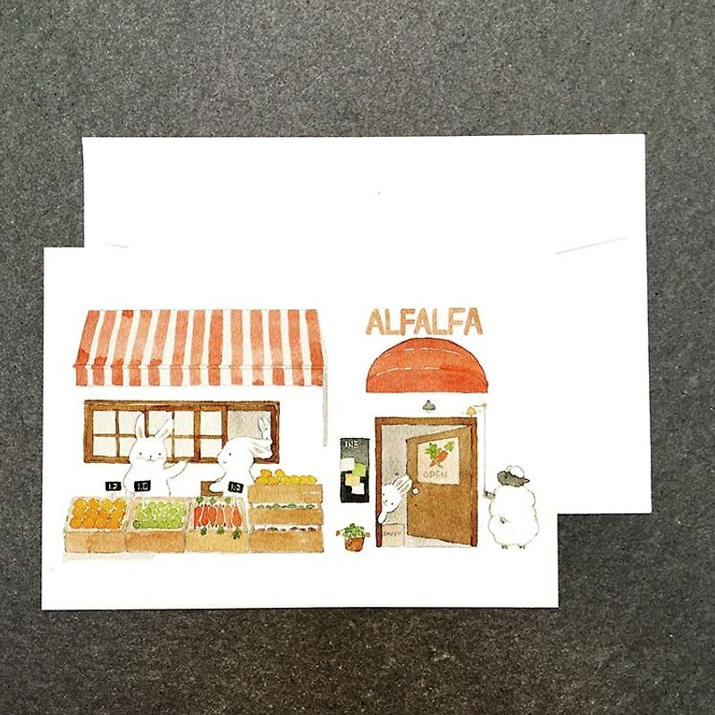 Rabbit and Vegetable House Watercolor Postcard in Animal Shopping Street - การ์ด/โปสการ์ด - กระดาษ 
