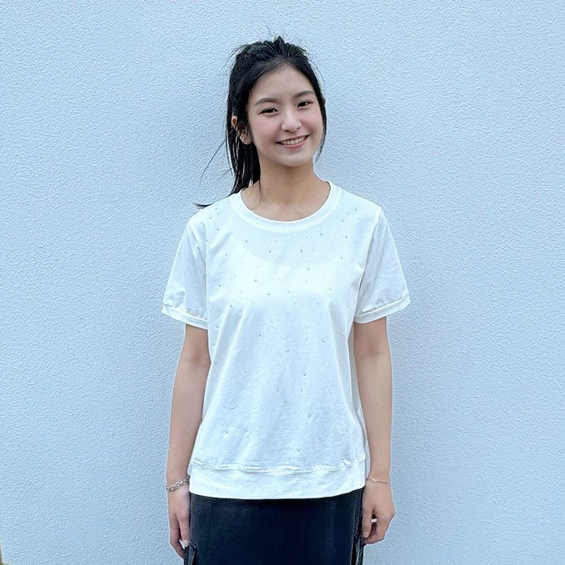 Hana Mokuba 圓領珠珠側邊開岔休閒上衣 - 女上衣/長袖上衣 - 其他材質 