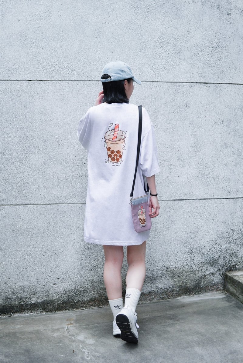 麻糬兔珍奶小籠包 -oversized T-shirt(麻白) - 其他 - 棉．麻 白色