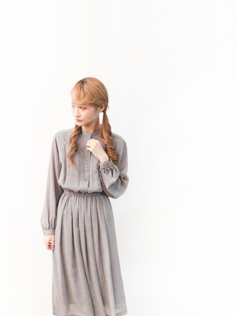 日本製復古典雅葉子印花布灰色薄長袖古著洋裝 Vintage Dress - 洋裝/連身裙 - 聚酯纖維 灰色