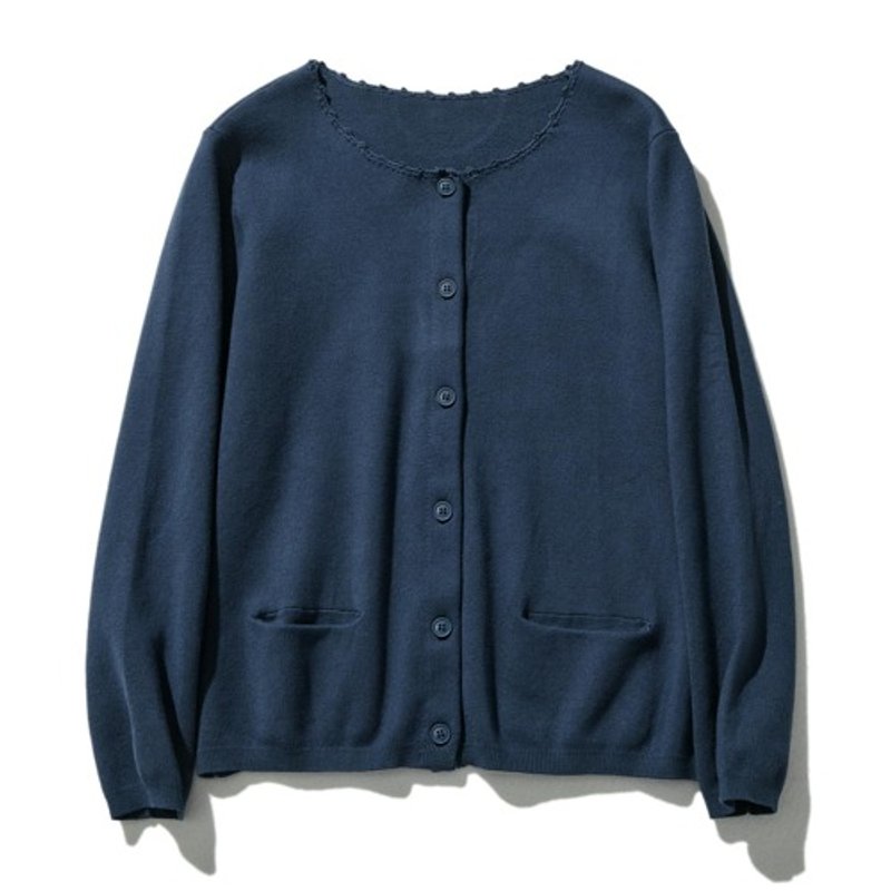 I want something that is both stylish and comfortable to wear. 100% cotton cardigan with hand-woven lace, dark blue, 231008-9 - Women's Sweaters - Cotton & Hemp 