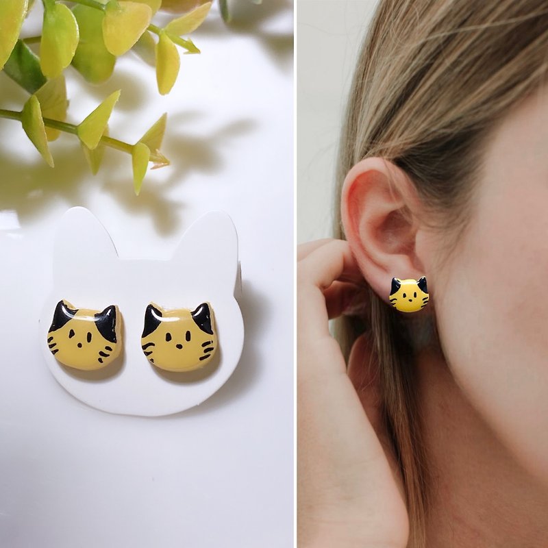 Handmade earrings, little cat, yellow - 耳環/耳夾 - 黏土 黃色