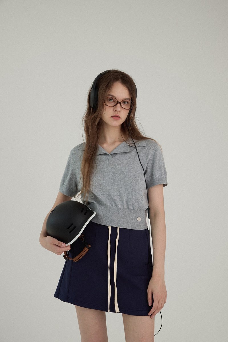 フレンチレトロショートラペル半袖Tシャツ - Tシャツ - その他の素材 グレー