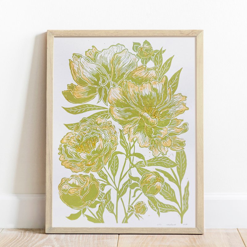 Watercolor Yellow Peonies Flowers Lime Cream Linocut Print Summer Wall Art Decor - 壁貼/牆壁裝飾 - 紙 綠色