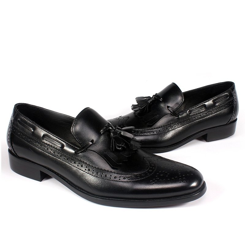 sixlips british wing pattern fringed full-carved loafers black - รองเท้าลำลองผู้ชาย - หนังแท้ สีดำ