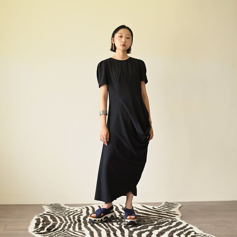 【NaSuBi Vintage】Upcycling draped pleated short-sleeved vintage dress - One Piece Dresses - Other Man-Made Fibers Black