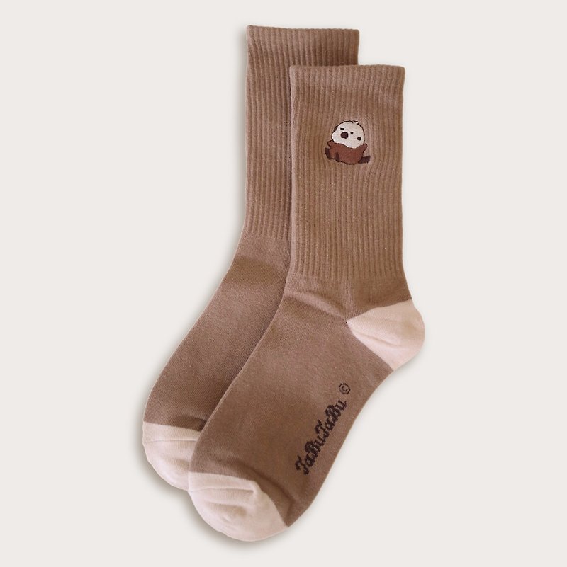 Embroidered mochi socks (Mocha Duoduo) - Socks - Cotton & Hemp Brown