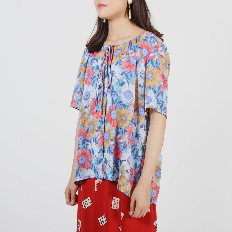 [Egg Plant Vintage] Summer Daisy Printed Short Sleeve Vintage Shirt - Women's Tops - Polyester Multicolor