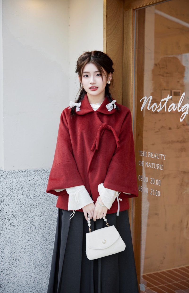 Festive red 20% wool Hanfu short cloak coat with cheongsam new Chinese Spring Festival improved coat - Women's Casual & Functional Jackets - Wool Red