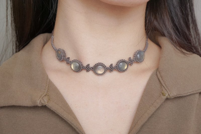 拉長石 蠟線編織頸繩 頸圈 - 頸鏈 - 寶石 卡其色