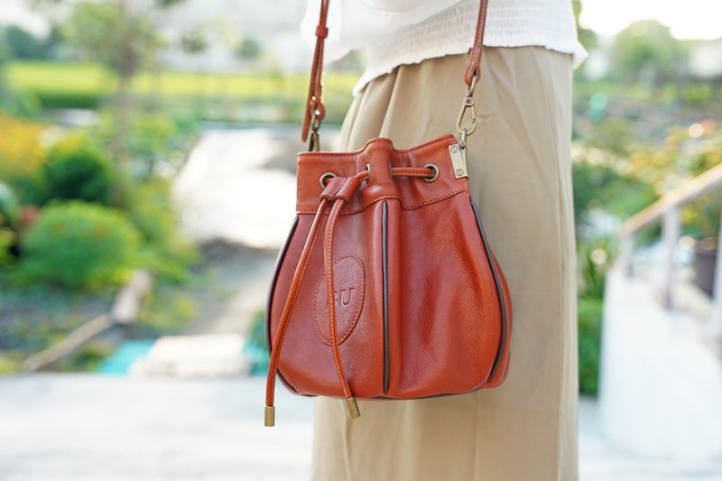 Lantern bag unique bucket bag Vintage series | Size is the essence of simplicity and elegance | - Drawstring Bags - Genuine Leather Red