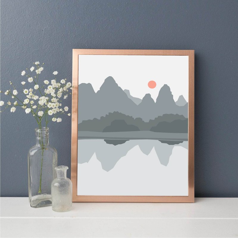 Modern art, landscape art, blue home decor, pink decor, mountains, jpg file - โปสเตอร์ - วัสดุอื่นๆ สีน้ำเงิน