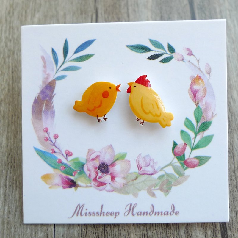 Misssheep- [U51- rooster and chick] cute hand-painted style parent-child chicken earrings (ear pin / reversible ear clip) [a pair] - ต่างหู - พลาสติก สีเหลือง