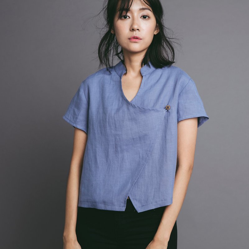 Zhongshan collar cardigan - เสื้อผู้หญิง - ผ้าฝ้าย/ผ้าลินิน สีน้ำเงิน