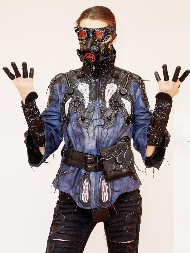 女士柔軟真皮夾克可拆卸腰帶，帶包、衣領、護腕。 - 女大衣/外套 - 真皮 藍色